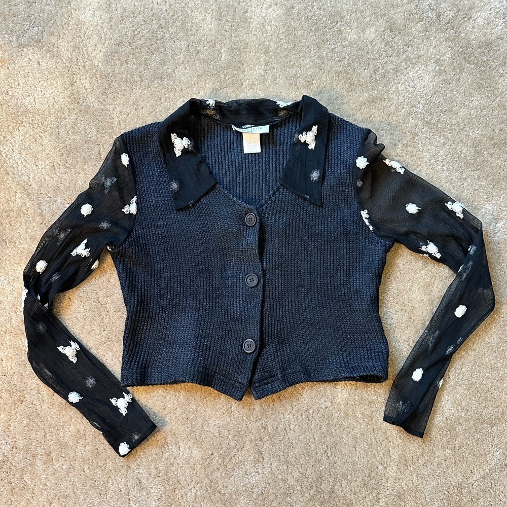 Vintage black crop sweater with sheer sleeves & collar. Juniors size medium.